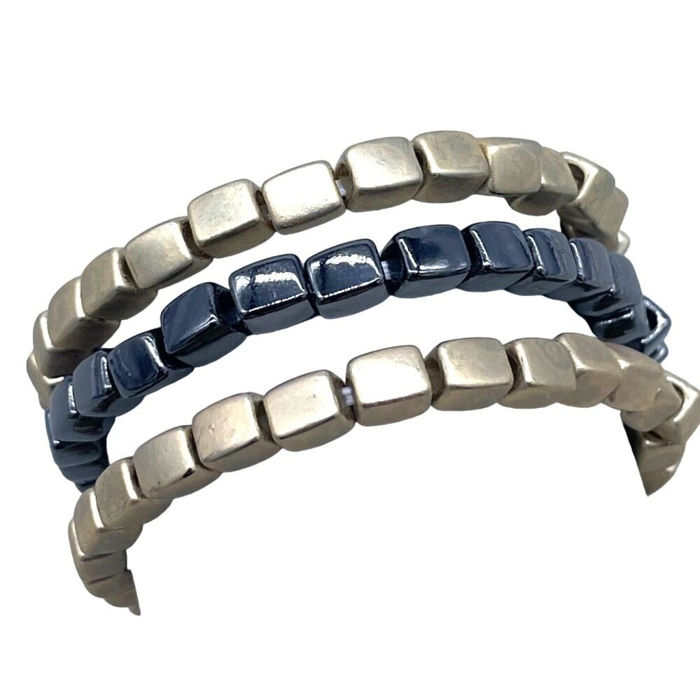 Set Of 3 Stretchy Square Bead Bracelets - Gold & Black Finish For Unisex